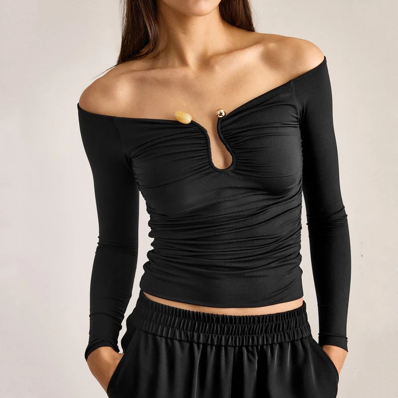 BornToGirl Sexy T Shirts Women Solid Slim Black Red Long Sleeve Slash Neck Top Female Party Nightclub Bodycon T-Shirt Tops Y2K