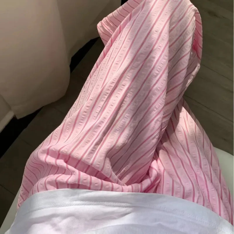 Korean Casual Striped Drawstring Straight Pant Y2k Women Loose Holiday Pants Perppy Sweet Pink High Waist Office Trousers