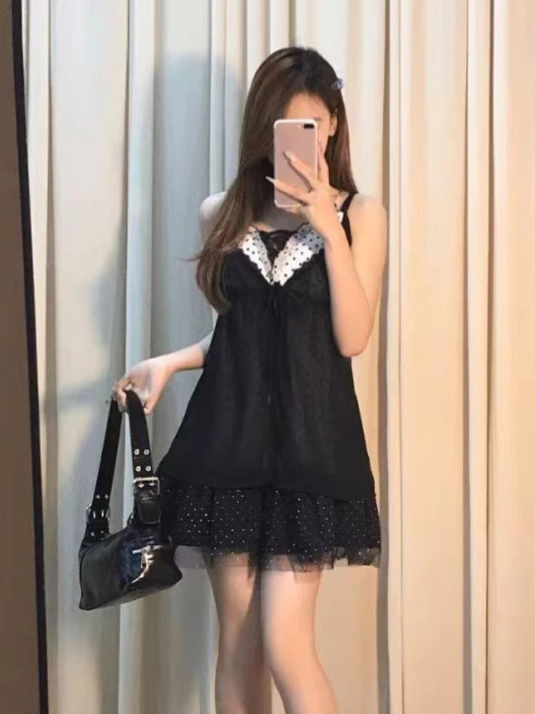 Vintage Gothic Slim Polka Dot Sling Dress Women's Summer 2025 New Lace Up Short Dresses Fashion Design Sleeveless Sweet Dress