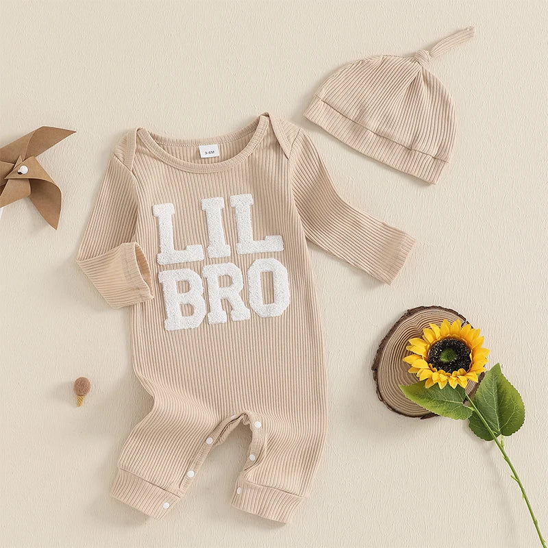 Baby Boys Fall Outfits Letter Pattern Long Sleeve Crew Neck Ribbed Rompers with Hat 2 Pcs Set 0-18M