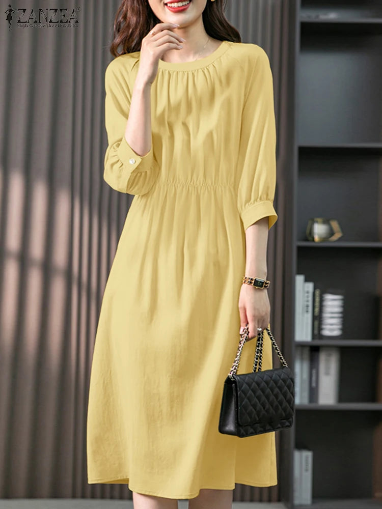 ZANZEA Elegant A-Line Dresses Woman 2025 Autumn Fashion Round Neck 3/4 Lantern Sleeve Gathered Robes Femme Commute Midi Vestidos