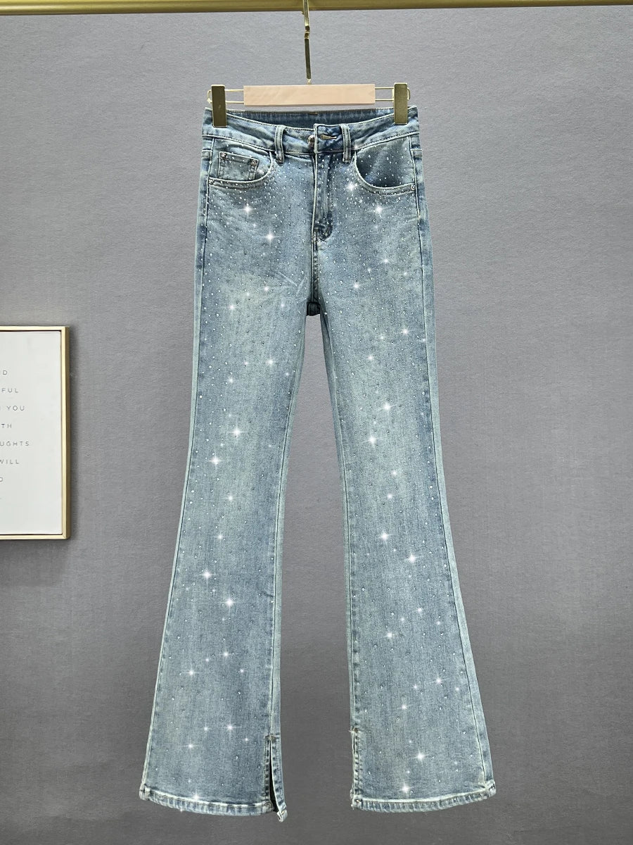 European Style Women's Jeans Trendy Spring Autumn New High Waist Slim Fit Heavy Embellished Flared Pants Long Denim Pants