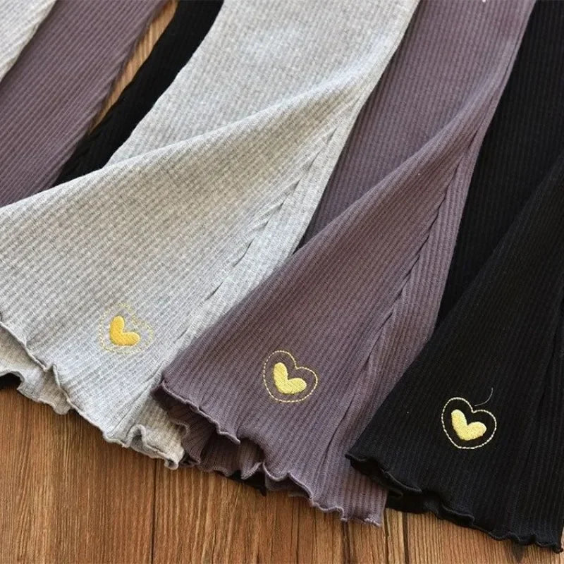 Kids Girls Flare Legging 2025 New Arrival Children Casual Elastic Pants Heart Embroidery Slim Fit Leggins Baby Girl Summer Pants