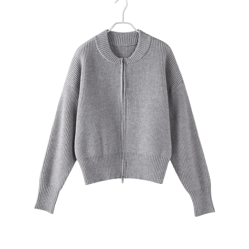 UZSC Women Vintage Knit Cardigan Casual Full Sleeve Zipper O Neck Pleated Solid Lady Sweater 2025 Autumn Fashion Female Knitwear
