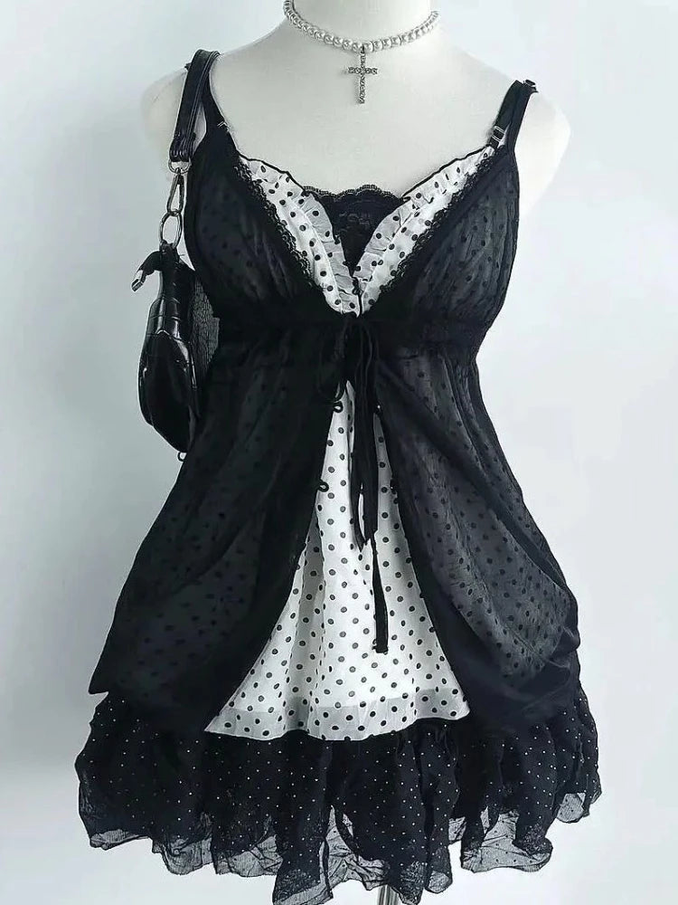 Vintage Gothic Slim Polka Dot Sling Dress Women's Summer 2025 New Lace Up Short Dresses Fashion Design Sleeveless Sweet Dress