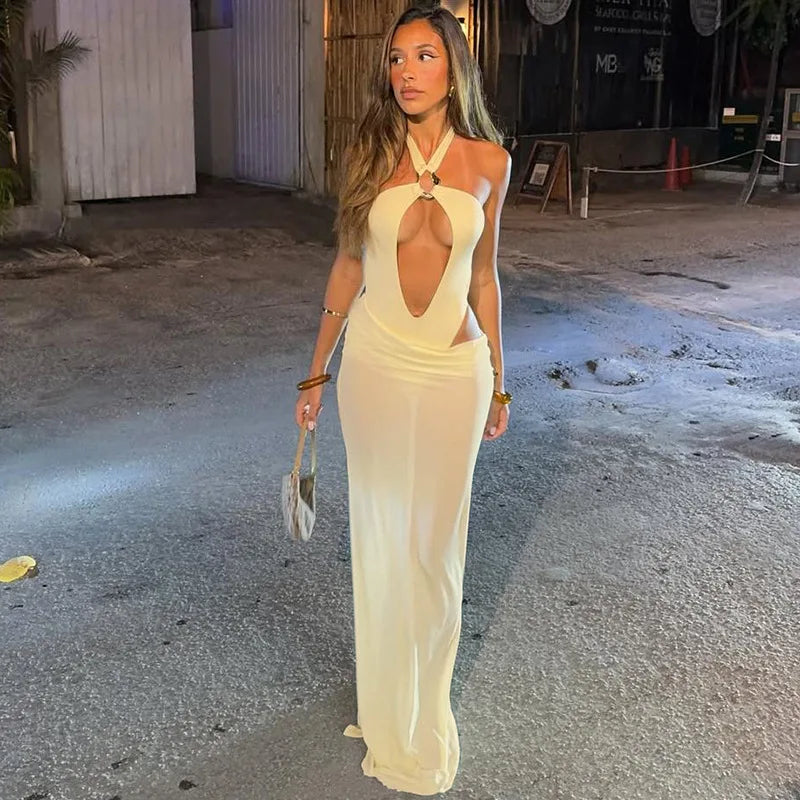 Sexy 2 Piece Set Hollow Out Halter Solid Color Backless Bodysuit Top Elegant Long Skirt Sets for Woman Summer Beach Dress