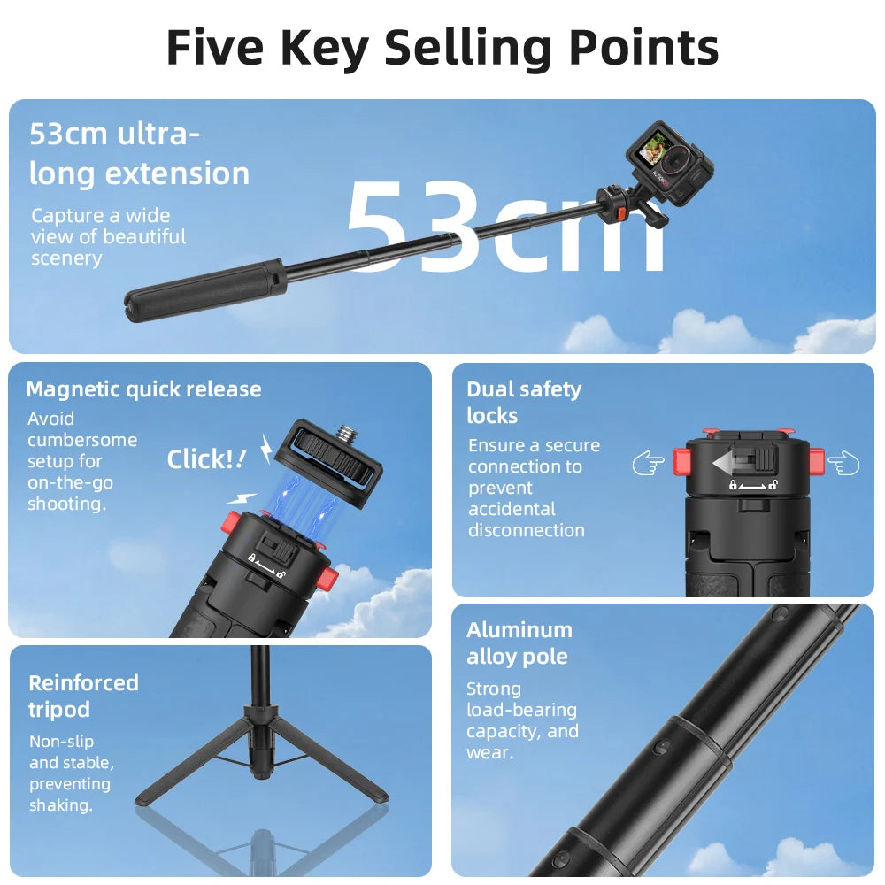 Flymile 53cm Portable Tripod for DJI Action 5 Pro/Insta360 X4/Gopro 13 /Pocket 3 Camera Adjustable Handheld Stand Accessory