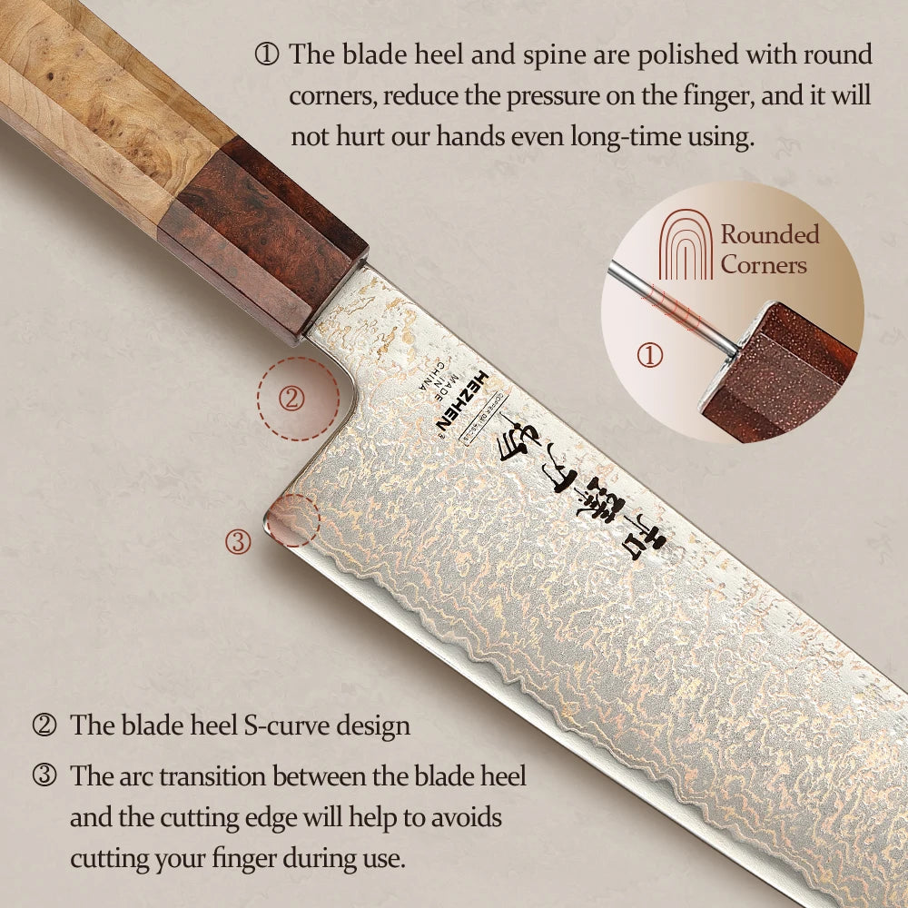 HEZHEN 8.3 inch Bunka Custom 37-Layer Tri-color Copper Damascus Steel Knife Chef Knives Meat Cleaver Kitchen Knife