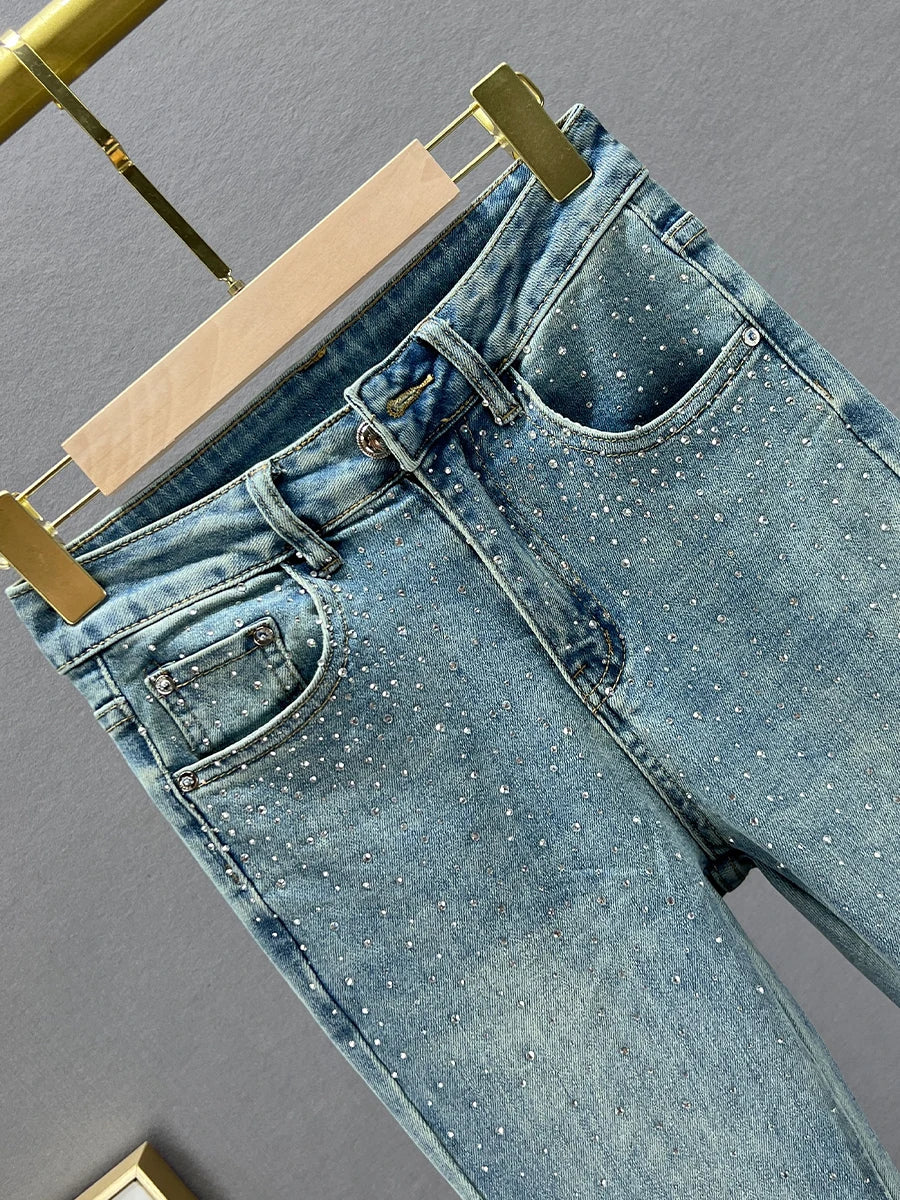European Style Women's Jeans Trendy Spring Autumn New High Waist Slim Fit Heavy Embellished Flared Pants Long Denim Pants