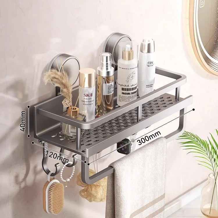 Kitchen Storage Rack Vacuum Suction Cup Rust-proof Wall-mounted Shower Rack with Drain Hole and Towel Hook Bathroom Storage Rack
