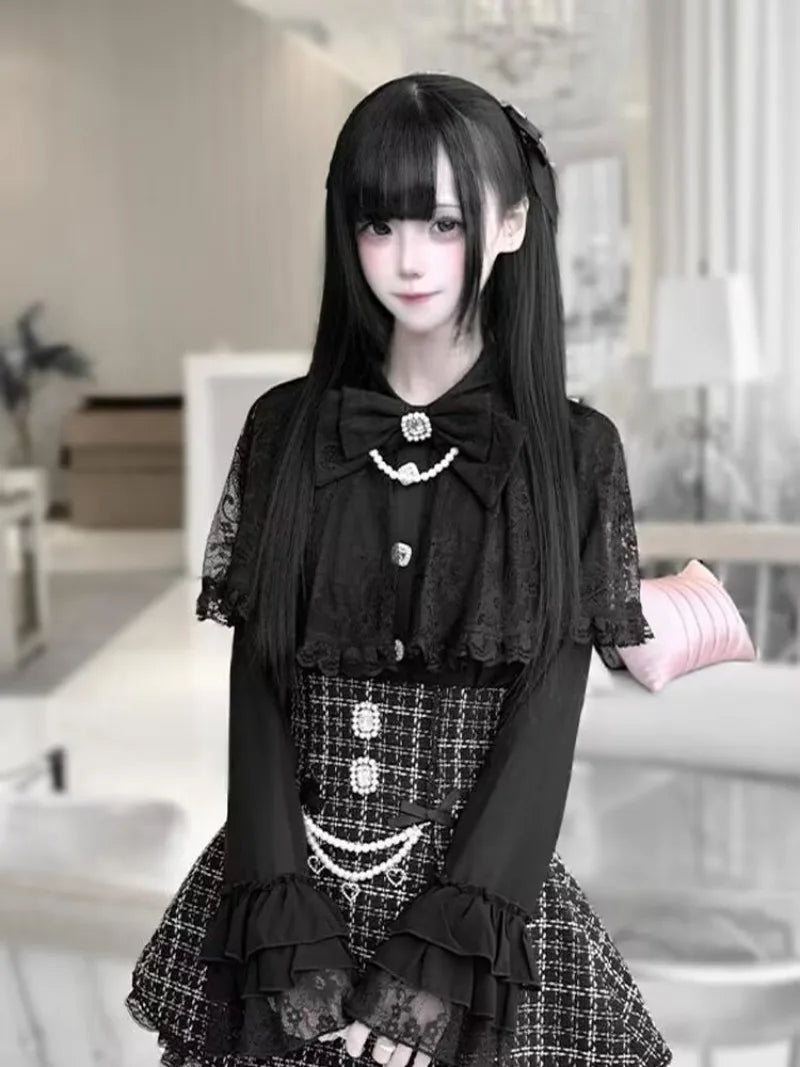 Kawaii Girl Pearl Bow Lace Cloak Shirt+High Waist Skirt Sets Japanese Girl Dresses Y2k Two Piece Sets Womens Outifits Autumn New