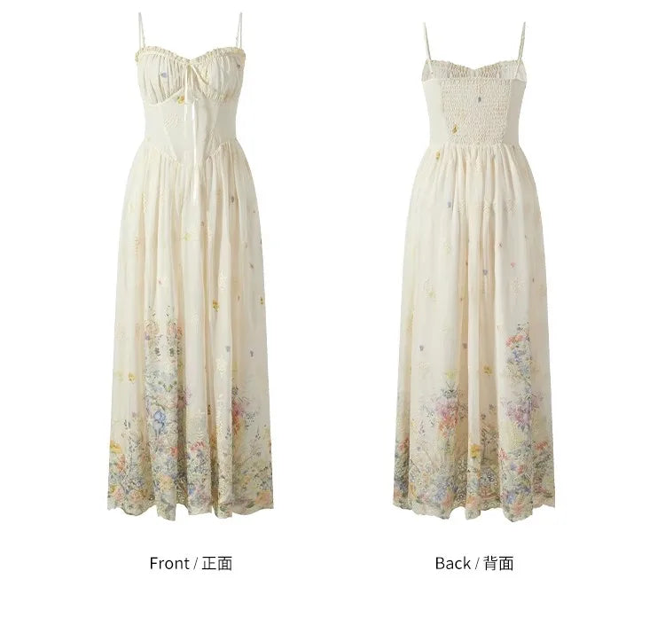 Floral Print Slimming Summer French Long Dress Strapless Gown Vacation New Style Heavy Embellished Waist Cinched Floral Dress