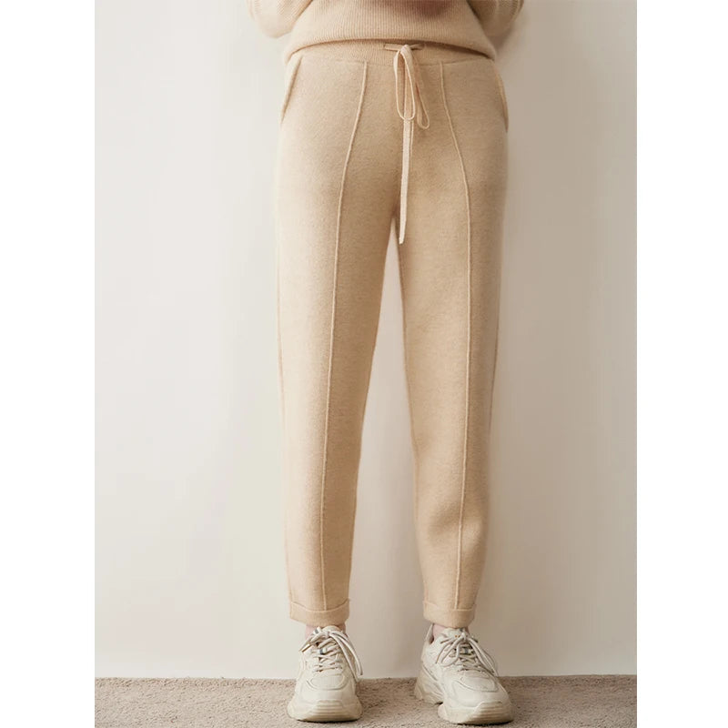 Autumn Winter Women 100% Cashmere Trousers Fashion New Style Thick Warm Pencil Pants Comfortable Elastic Waist Knit Pants