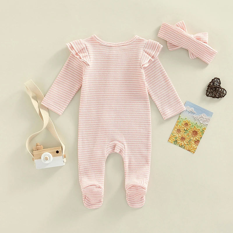Baby Girls Romper Suit Long Sleeve Zipper Ruffle Patchwork Casual Party Street Spring Romper Headband