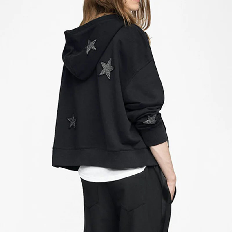 Black Zip Hooded Sweatshirt Stars Patch Embroidery Diamond Hoodies Women Long Sleeve Tops Zadig Female Hoodie Cotton Hooded