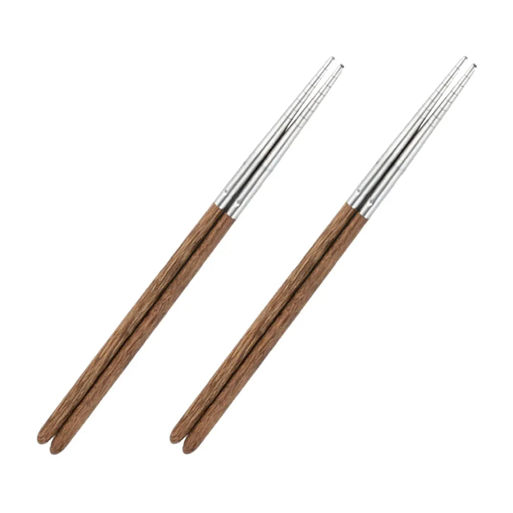 2 Pairs Stainless Steel Chopsticks Household Anti-Slip Heat Resistant Silver Wooden Dishwasher Safe Sturdy Home Supply