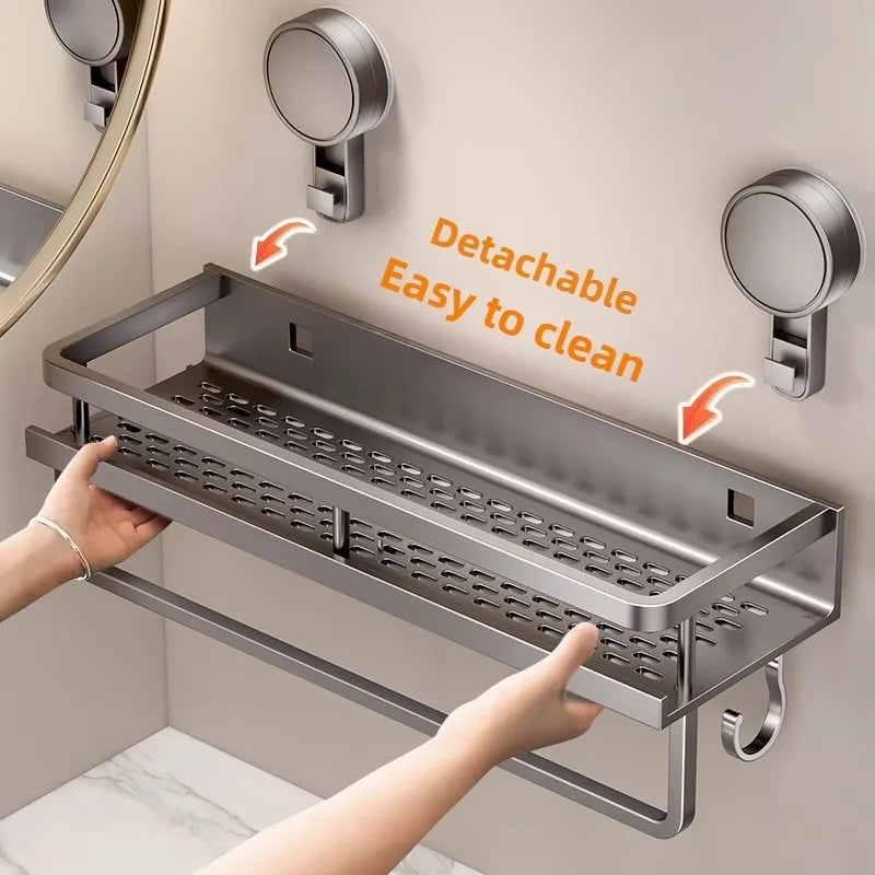 Kitchen Storage Rack Vacuum Suction Cup Rust-proof Wall-mounted Shower Rack with Drain Hole and Towel Hook Bathroom Storage Rack