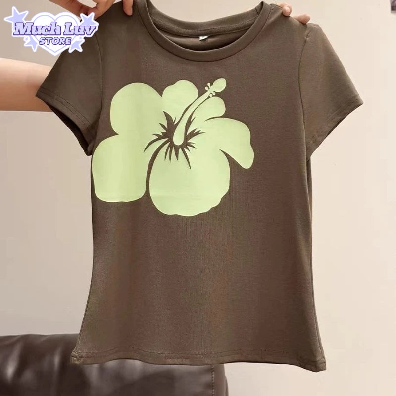 Vintage Flower Printed T-shirt Women's Clothing Summer Fashion Casual Comfy Short Sleeve Top Streetwear Hot Girl Slim Fit Tee