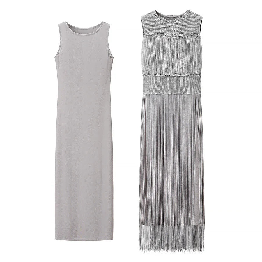 Summer Autumn Knitted Tassel Dress Two Piece Set Women Vintage Sleeveless Knitting Straight Midi Long Dresses