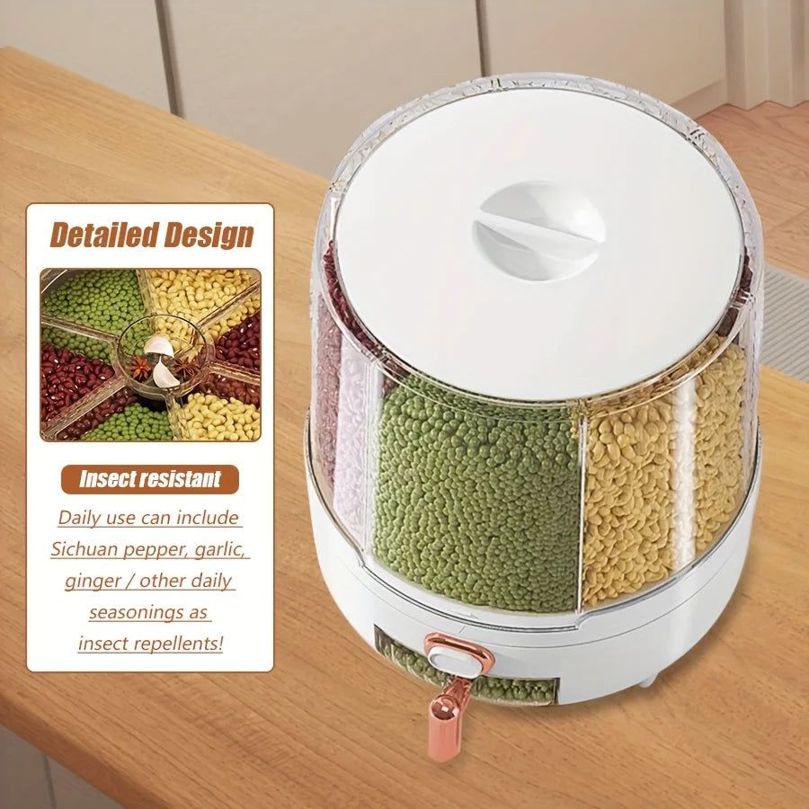 6-Compartment 360° Rotating Airtight Food Storage Container - Moisture-Proof for Cereal, Candy, Rice - Kitchen Pantry Organizer