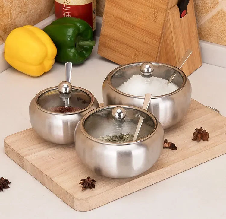Stainless Steel Sugar Bowl with Clear Lid and Sugar Spoon for Home and Kitchen Drum Shape Spice Container Sugar Bowl Supplies