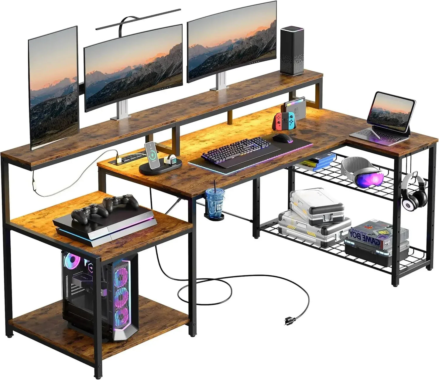✨ PowerPlay L-Shaped Gaming Desk – LED Lights, Monitor Stand & Cup Holder ✨