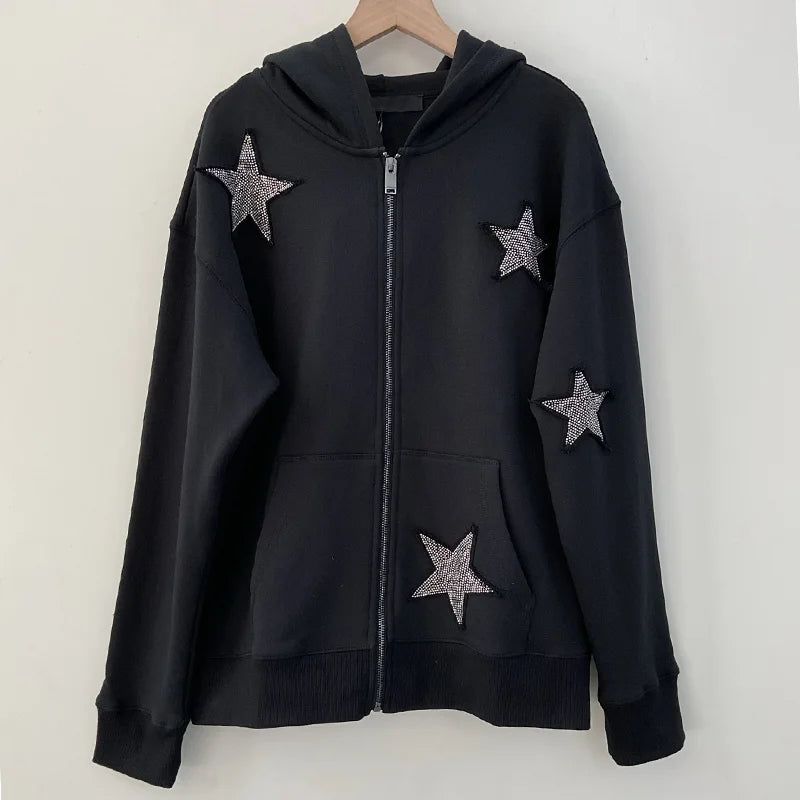 Black Zip Hooded Sweatshirt Stars Patch Embroidery Diamond Hoodies Women Long Sleeve Tops Zadig Female Hoodie Cotton Hooded
