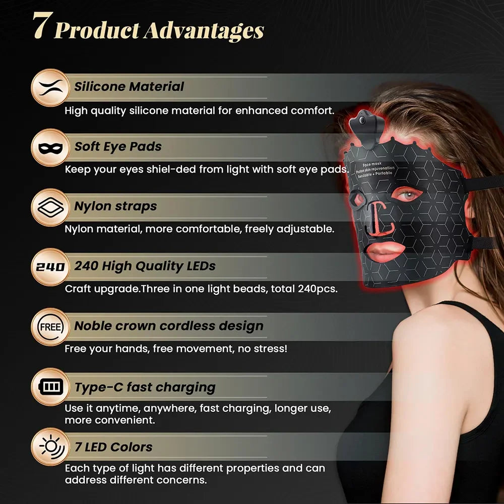 UBilli Silicone LED Face Mask 7 Colors Photon Beauty Mask Red Light Therapy Skin Care Repair Skin Brightening Wireless Use