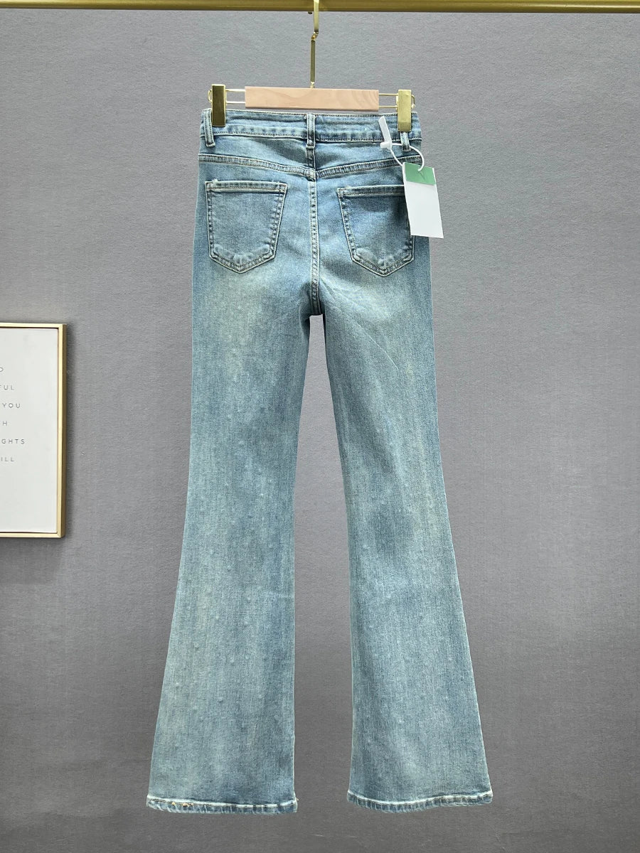 European Style Women's Jeans Trendy Spring Autumn New High Waist Slim Fit Heavy Embellished Flared Pants Long Denim Pants