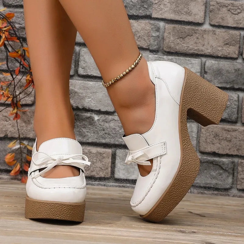 Spring and Autumn New Mary Jane Platform Shoes Round Toe Shallow Mouth Hollow Bow Slip-on Fashion High Heels