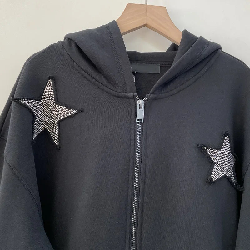 Black Zip Hooded Sweatshirt Stars Patch Embroidery Diamond Hoodies Women Long Sleeve Tops Zadig Female Hoodie Cotton Hooded