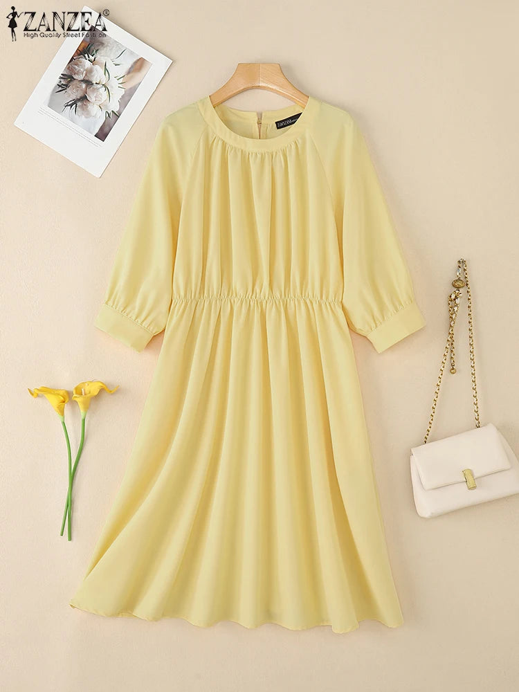 ZANZEA Elegant A-Line Dresses Woman 2025 Autumn Fashion Round Neck 3/4 Lantern Sleeve Gathered Robes Femme Commute Midi Vestidos