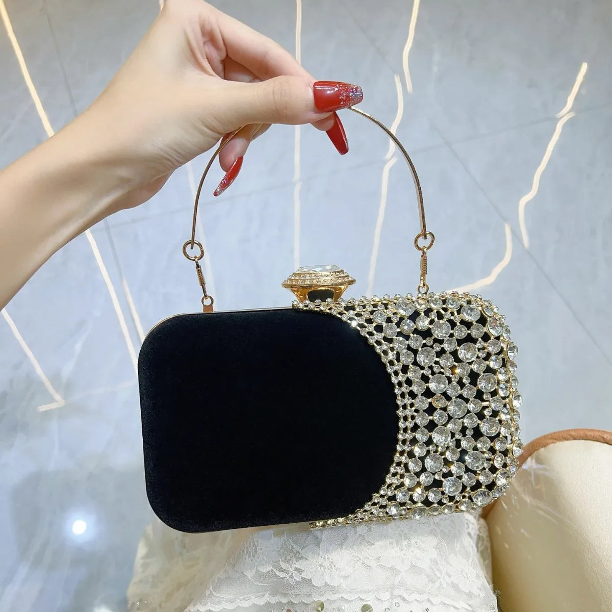 Hollow Design Women Evening Bags Velvet Glitter Fashion Ladies Wedding Party Clutch Bags Shoulder Chain Diamonds Handbags