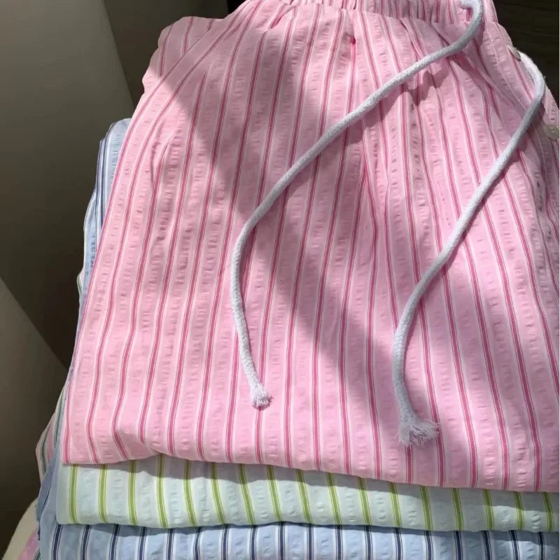 Korean Casual Striped Drawstring Straight Pant Y2k Women Loose Holiday Pants Perppy Sweet Pink High Waist Office Trousers