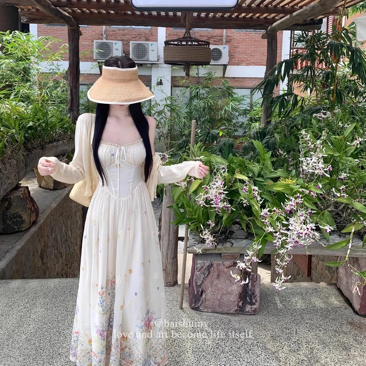 Floral Print Slimming Summer French Long Dress Strapless Gown Vacation New Style Heavy Embellished Waist Cinched Floral Dress