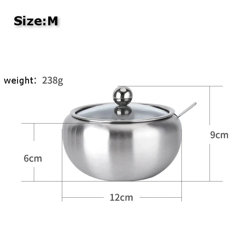 Stainless Steel Sugar Bowl with Clear Lid and Sugar Spoon for Home and Kitchen Drum Shape Spice Container Sugar Bowl Supplies