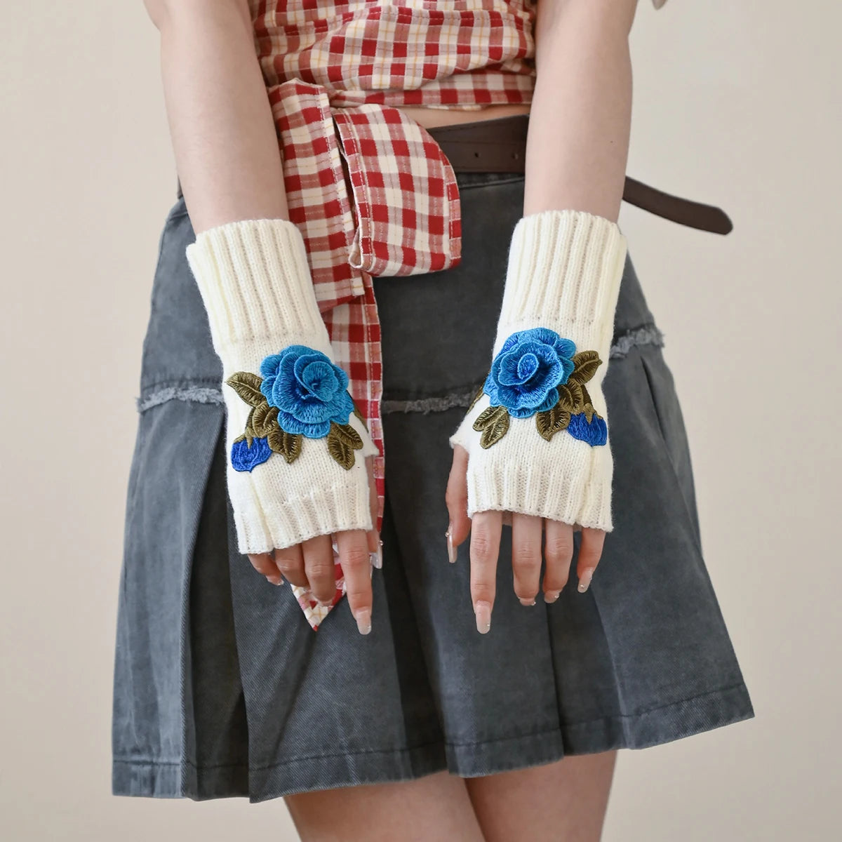 Handmade Embroidered Rose Gloves Women Fingerless Flowers Cuff Gloves Romantic Floral Mittens Hand Warmer Winter Soft Guantes