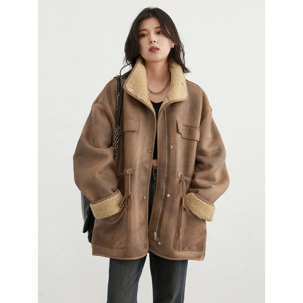 CHIC VEN Women Jackets Loose Casual Thick Solid Suede Reversible Jacket Motorcycle Outer Wear Female Overcoat Winter Autumn 2025