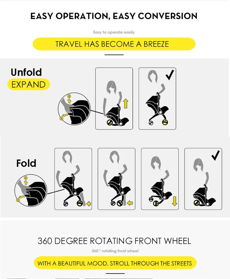 Compact Baby Stroller 4 in 1 Car Seat Stroller Lightweight Pushchair All in One Travel System for Newborns Travel Pram Doona