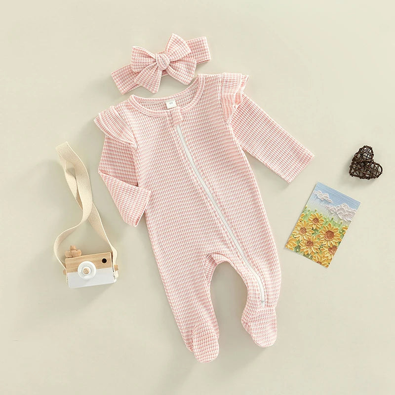 Baby Girls Romper Suit Long Sleeve Zipper Ruffle Patchwork Casual Party Street Spring Romper Headband