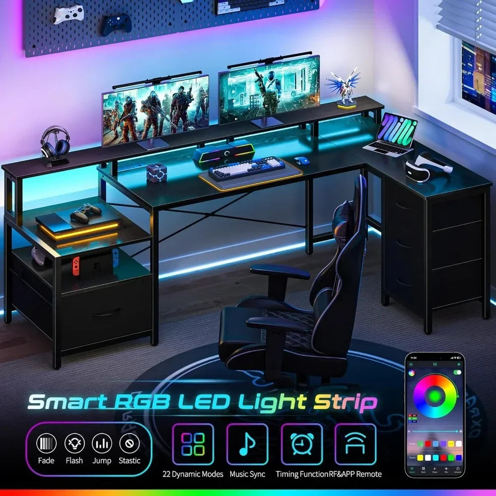 ✨ ProGamer L-Desk – LED Lights, Outlets & Storage Drawers for Ultimate Setup ✨