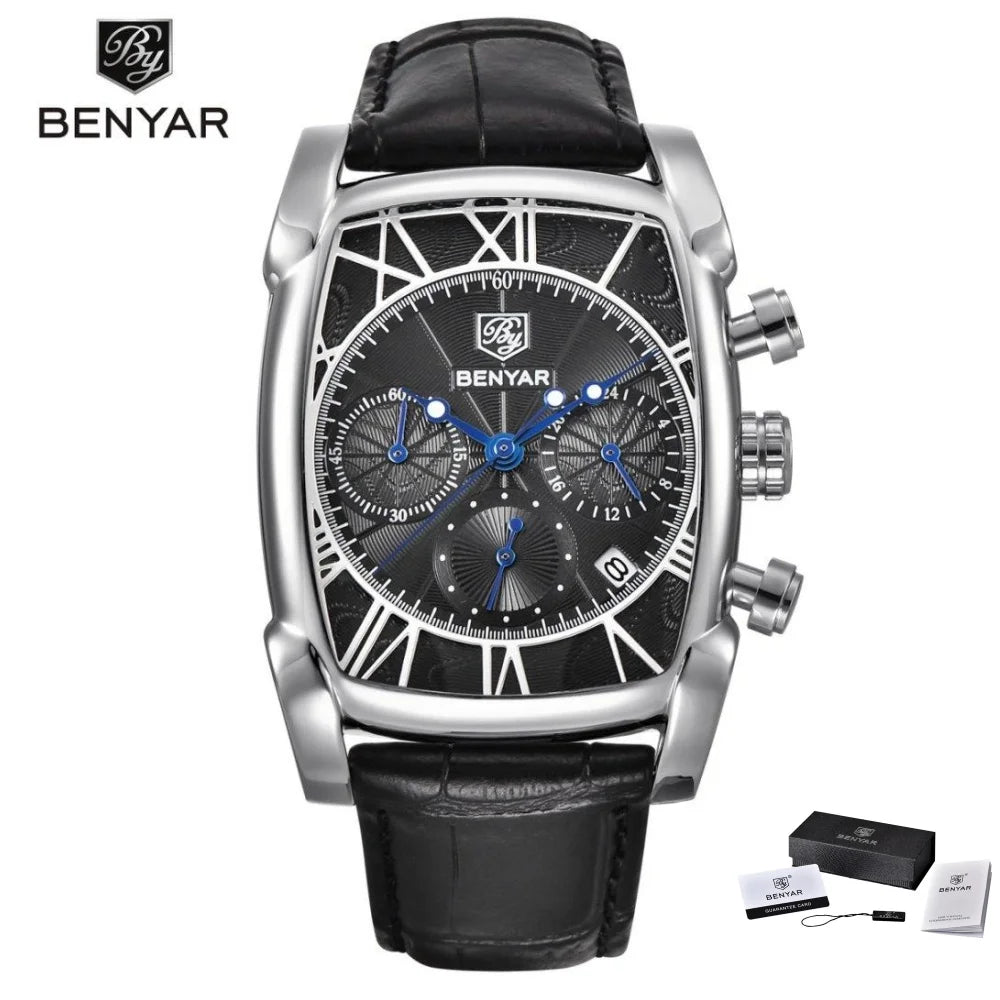 Relogio Masculino Mens Watches Top Luxury Brand BENYAR Chronograph Leather Quartz Watch Men Military Sport Rectangle Wristwatch