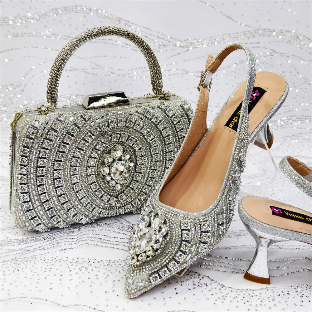Venus Chan 2025 Elegant Rhinestone Pointed Toe Pumps With Matching Bag Set Large Size shoes Big Bag for Women's Party High Heels