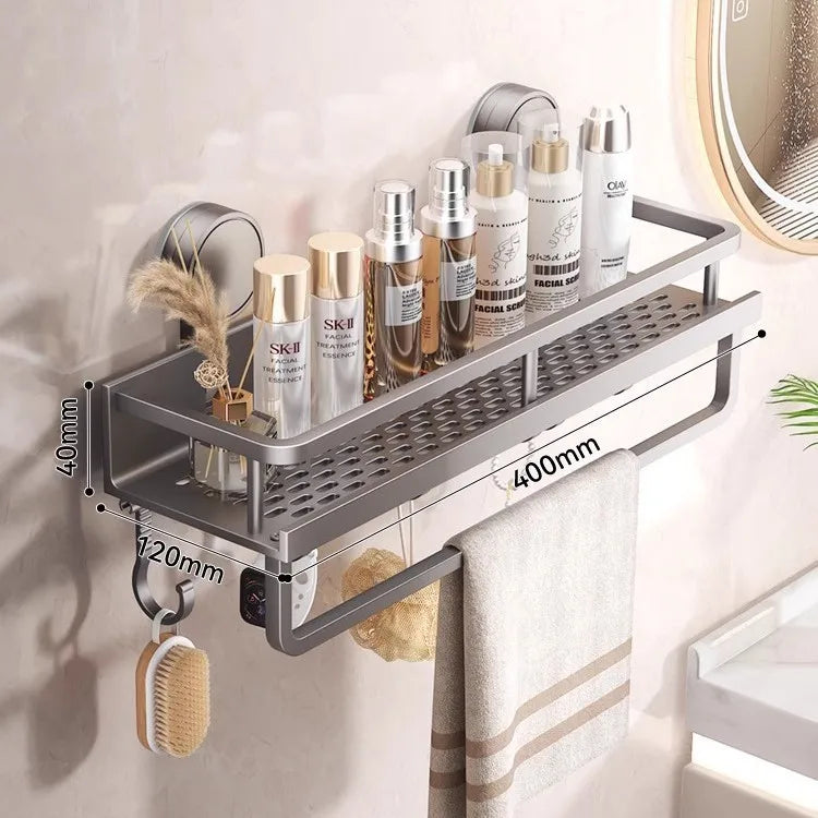 Kitchen Storage Rack Vacuum Suction Cup Rust-proof Wall-mounted Shower Rack with Drain Hole and Towel Hook Bathroom Storage Rack