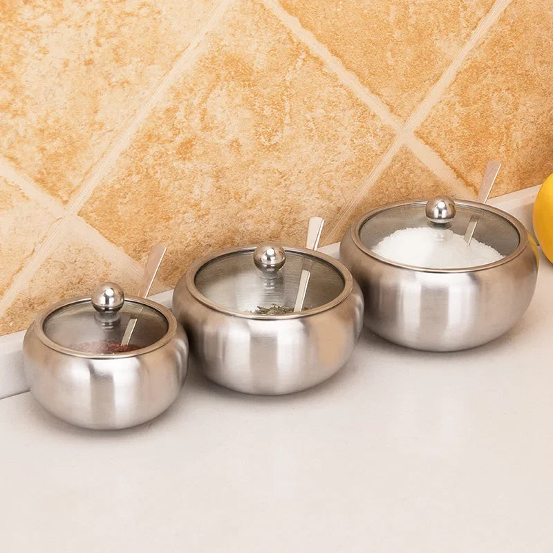 Stainless Steel Sugar Bowl with Clear Lid and Sugar Spoon for Home and Kitchen Drum Shape Spice Container Sugar Bowl Supplies