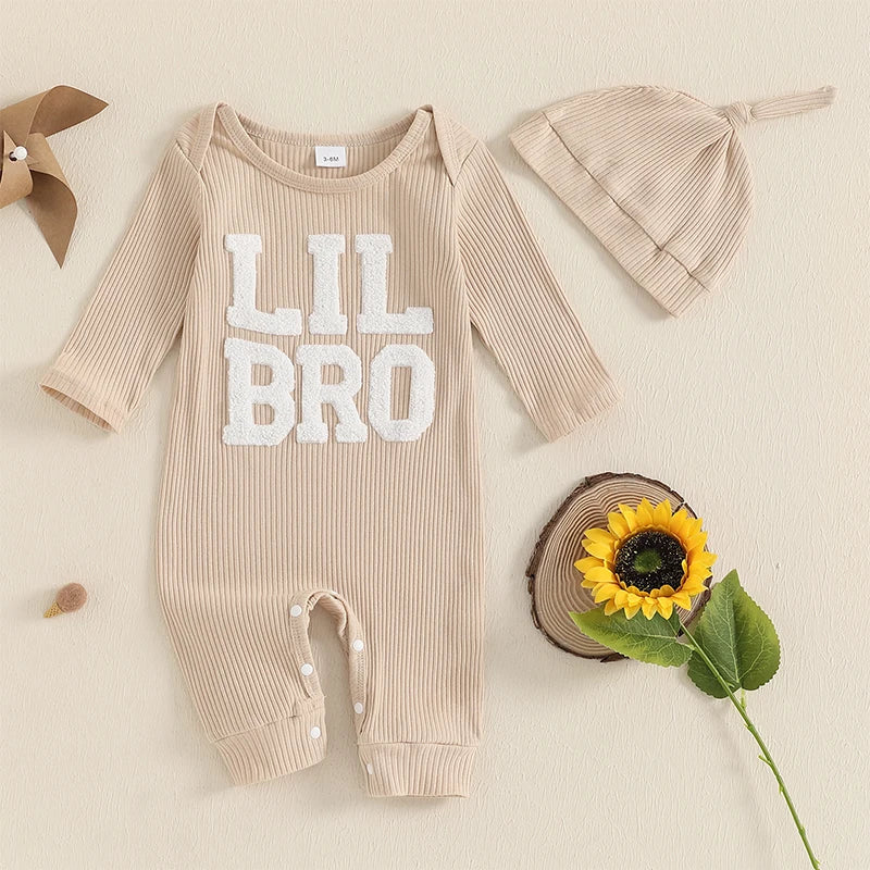 Baby Boys Fall Outfits Letter Pattern Long Sleeve Crew Neck Ribbed Rompers with Hat 2 Pcs Set 0-18M