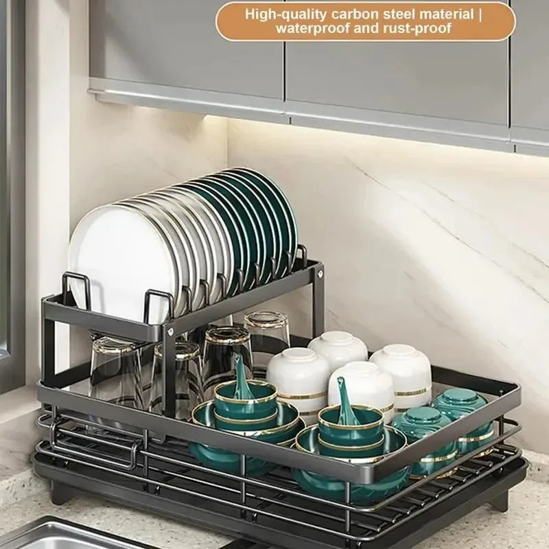 Adjustable Dish Drying Rack & Drainboard Organizer for Kitchen Plates, Over Sink Countertop, Cutlery Storage with Drain Rac