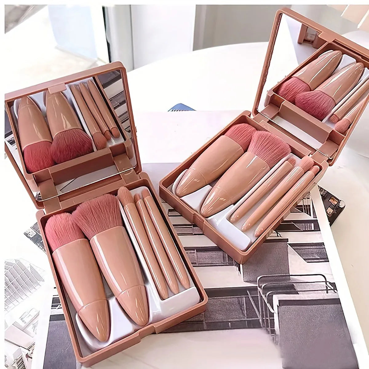 ✈️ 5pcs Portable Makeup Brush Set with Mirror | Foldable Travel Kit ✨