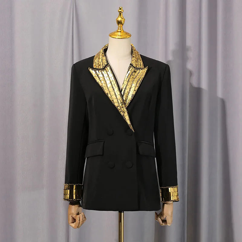 KBQ Hit Color Spliced Button Chic Blazer for Women Notched Collar Long Sleeve Patchwork Button Patchwork Beading Bazer Female