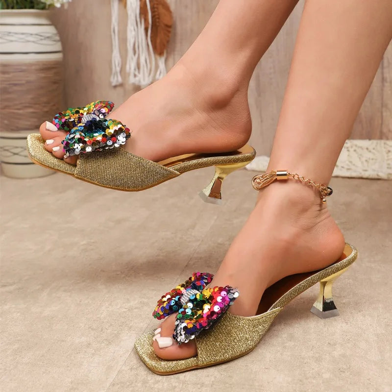 Sequin Bow Flip-Flops Women's Fashion Square Toe Open Toe Non-Slip Wear-Resistant High Heels